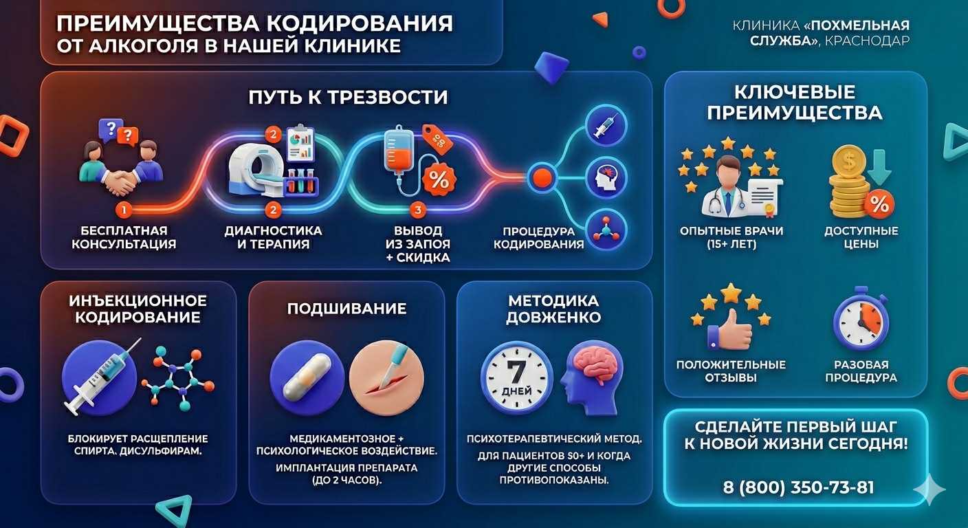 Инфографика о методах кодирования от алкоголя в Яхроме: инъекции, подшивание, метод Довженко. Преимущества клиники и этапы лечения.